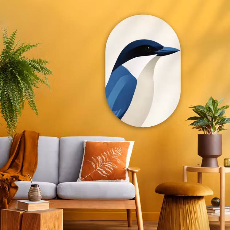 Illustratie - Blauw - Vogel Wandcirkel Ovaal Glas middel -sfeer4