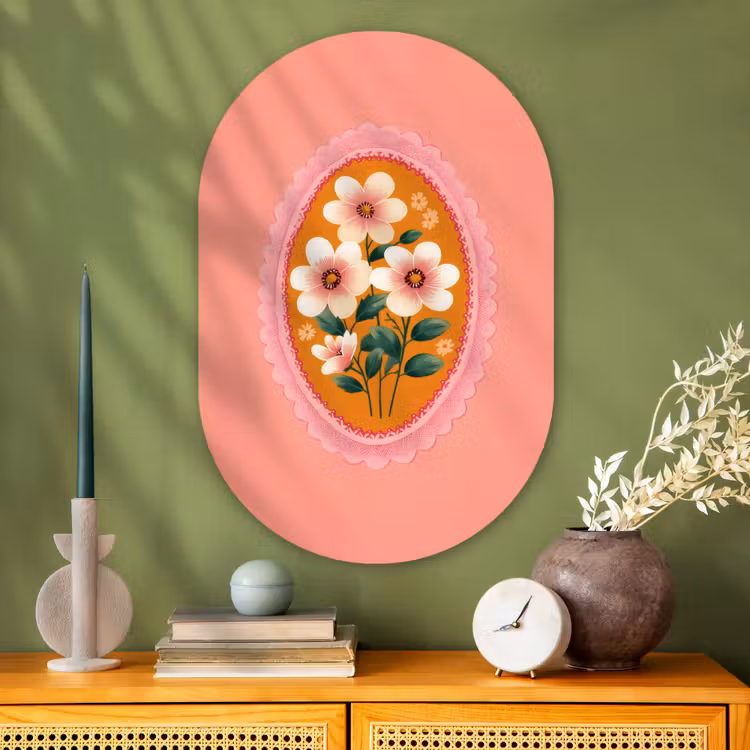 Illustratie - Bloemen - Rand - Roze Wandcirkel Ovaal Glas middel -sfeer2
