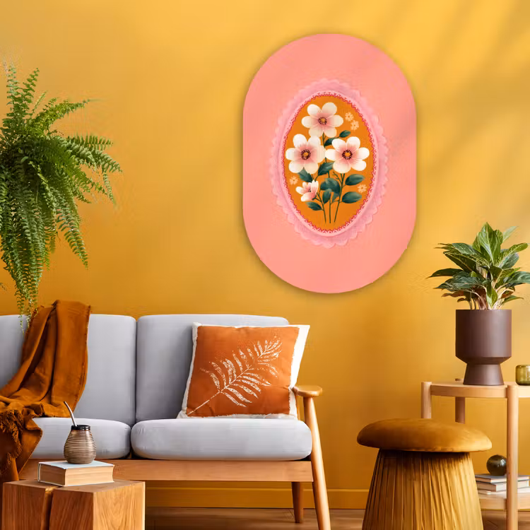 Illustratie - Bloemen - Rand - Roze Wandcirkel Ovaal Glas middel -sfeer4