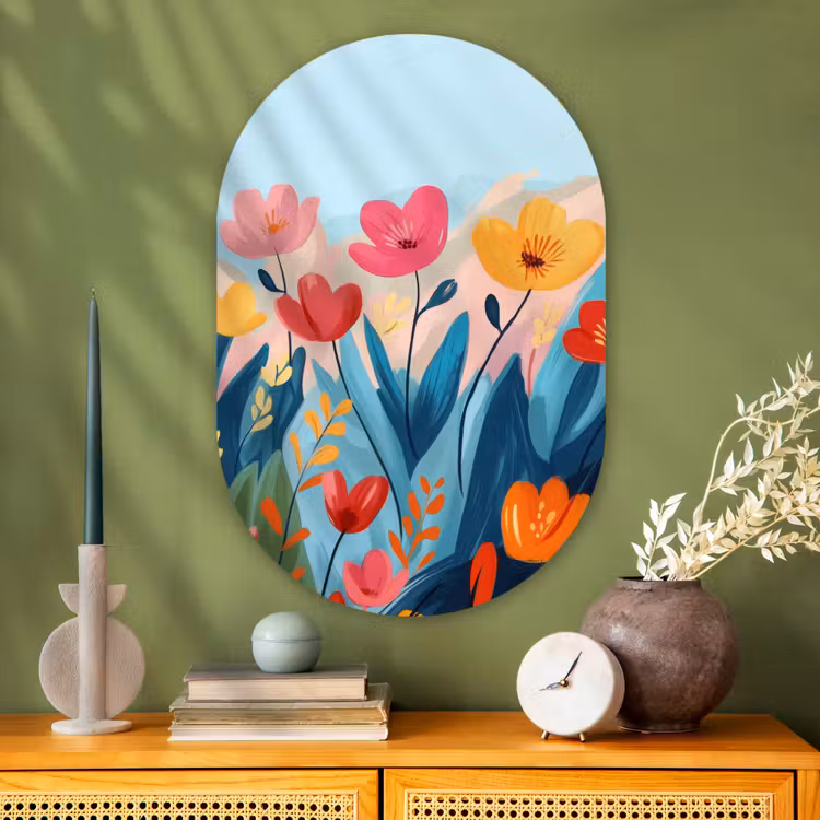 Illustratie - Bloemen - Kleurrijk Wandcirkel Ovaal Glas middel -sfeer2