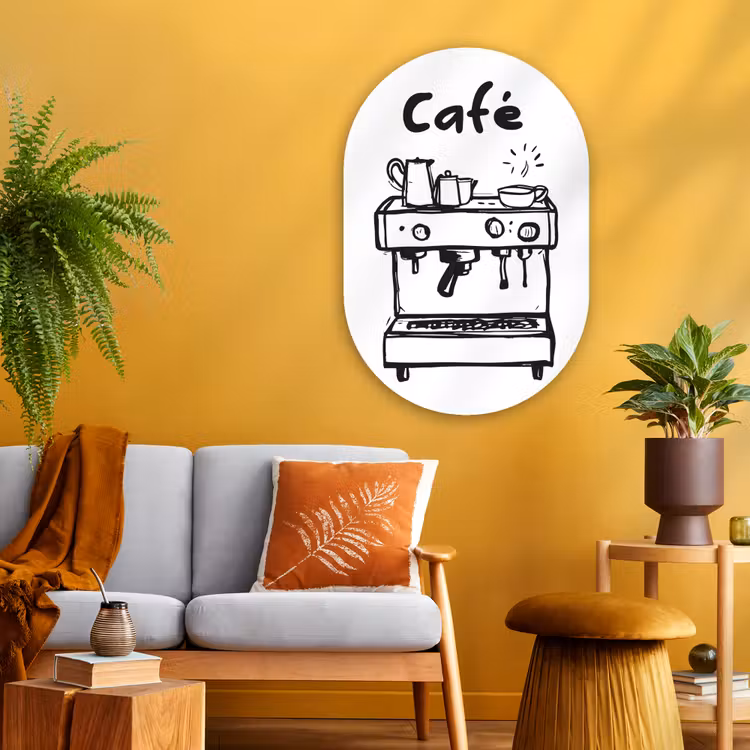 Illustratie - Café - Koffiemachine - Kopjes Wandcirkel Ovaal Glas middel -sfeer4