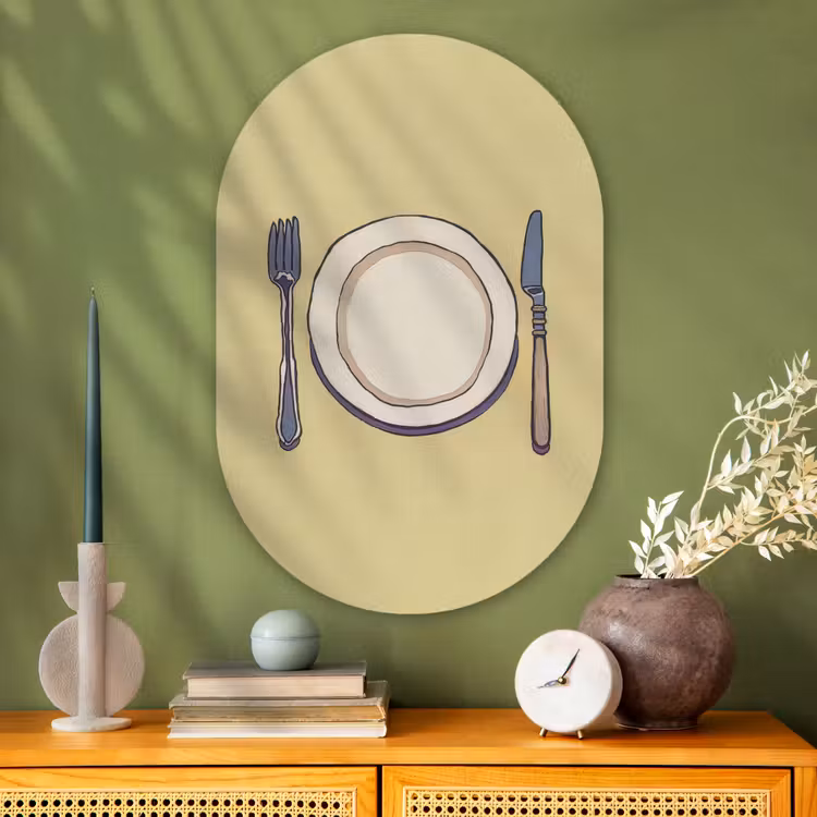 Illustratie - Bord - Bestek - Beige Wandcirkel Ovaal Glas middel -sfeer2