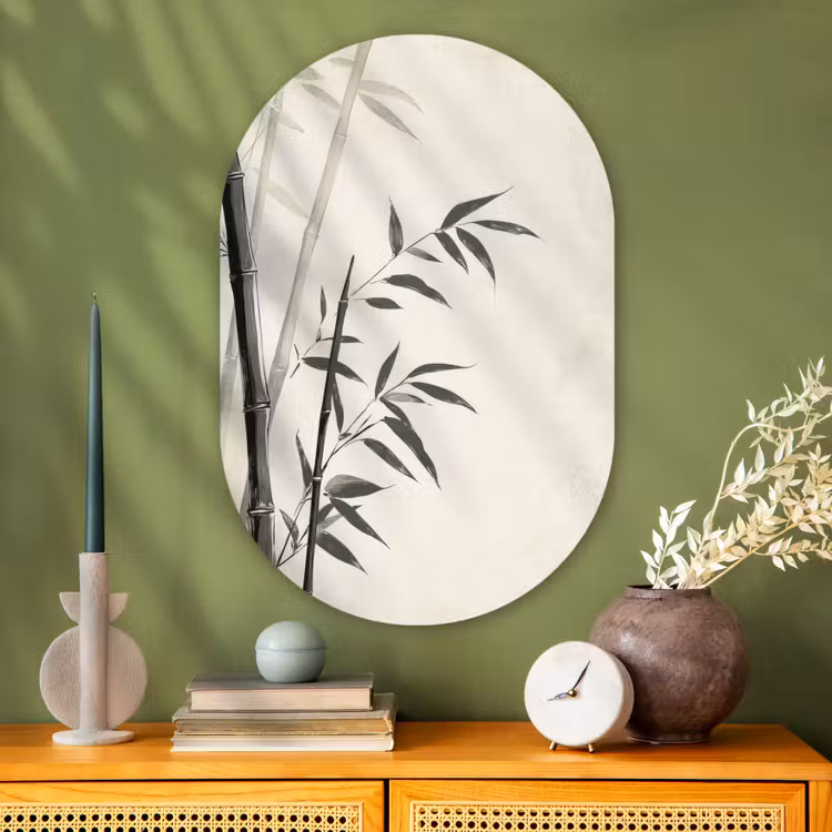 Japandi - Bamboe - Beige Wandcirkel Ovaal Glas middel -sfeer2