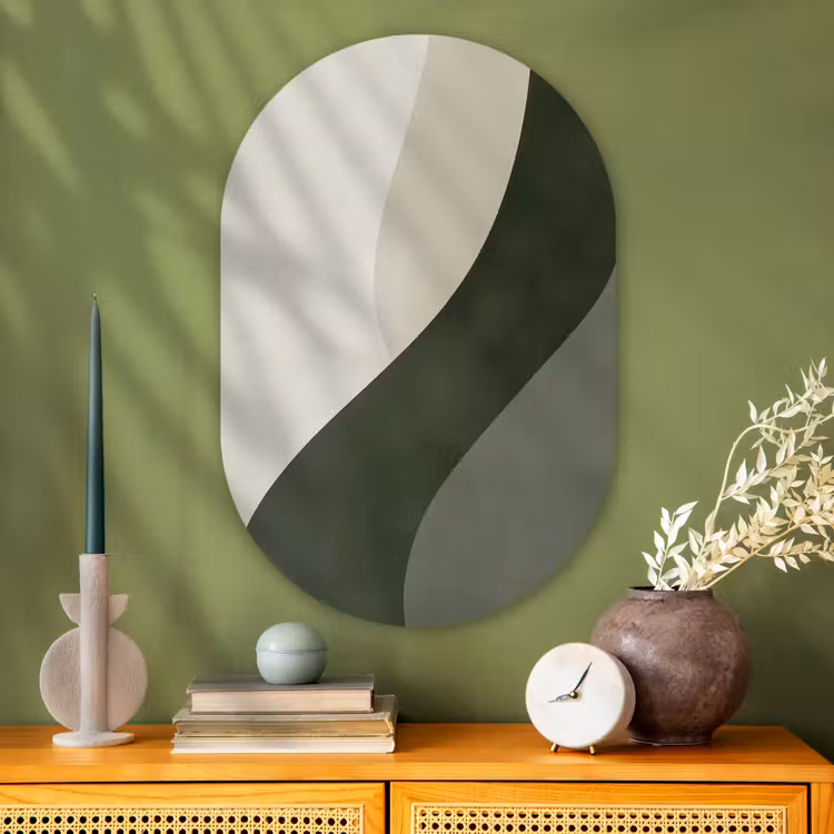 Japandi - Groen - Abstract - Modern Wandcirkel Ovaal Glas middel -sfeer2