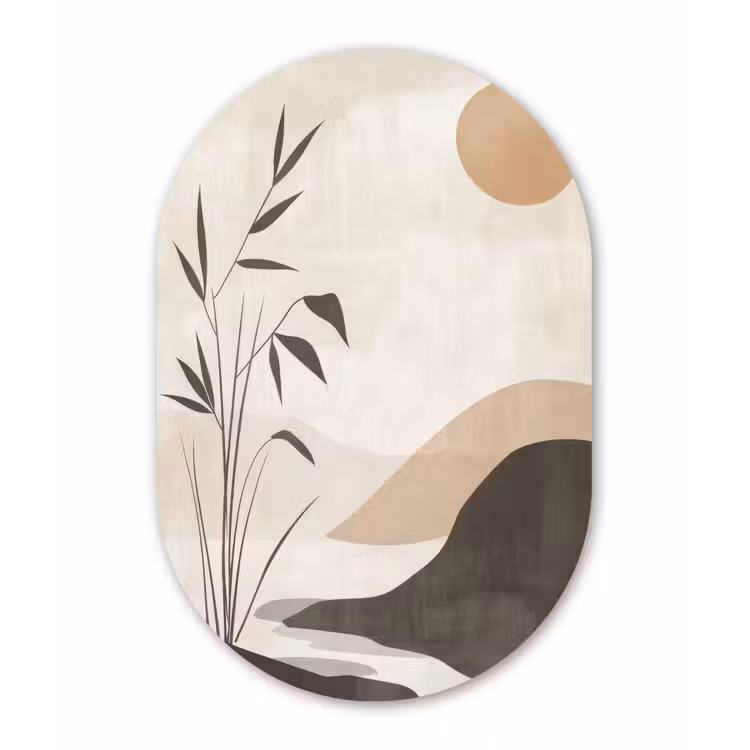 Japandi - Landschap - Beige Wandcirkel Ovaal Glas middel -3d
