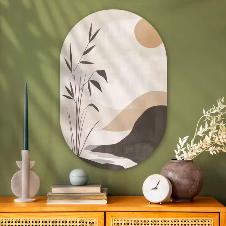 Japandi - Landschap - Beige Wandcirkel Ovaal Glas middel -sfeer2