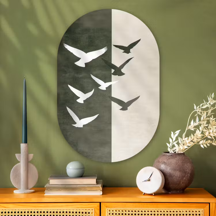 Japandi - Vogel - Groen Wandcirkel Ovaal Glas middel -sfeer2