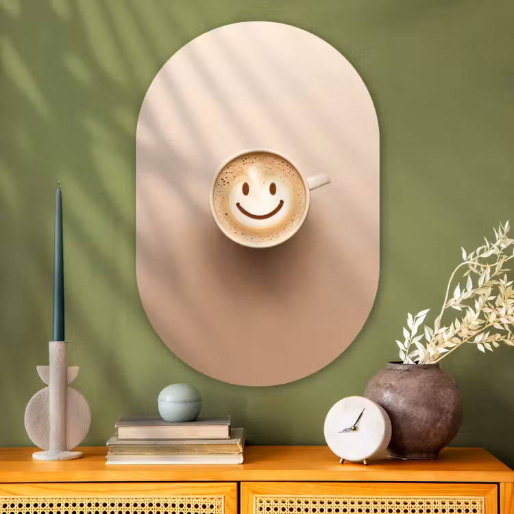 Koffie - Melkschuim - Lach - Beige Wandcirkel Ovaal Glas middel -sfeer2