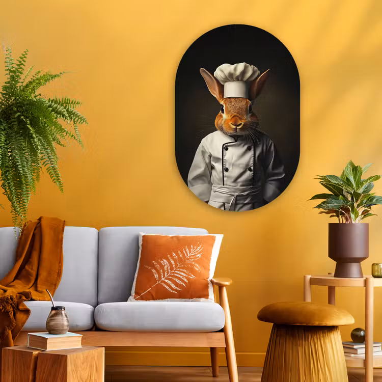 Konijn - Kok - Dier Wandcirkel Ovaal Glas middel -sfeer4