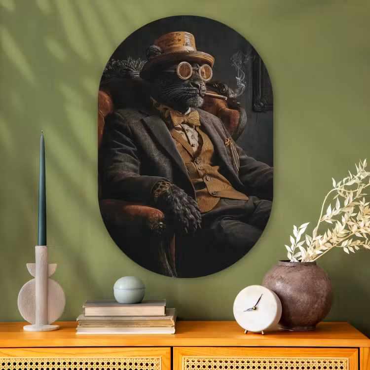 Kat - Pak - Oranje - Sigaar Wandcirkel Ovaal Glas middel -sfeer2