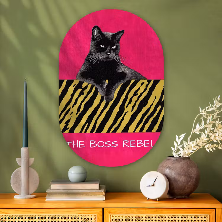 Kat - Baas - Roze - Tijgerprint Wandcirkel Ovaal Glas middel -sfeer2