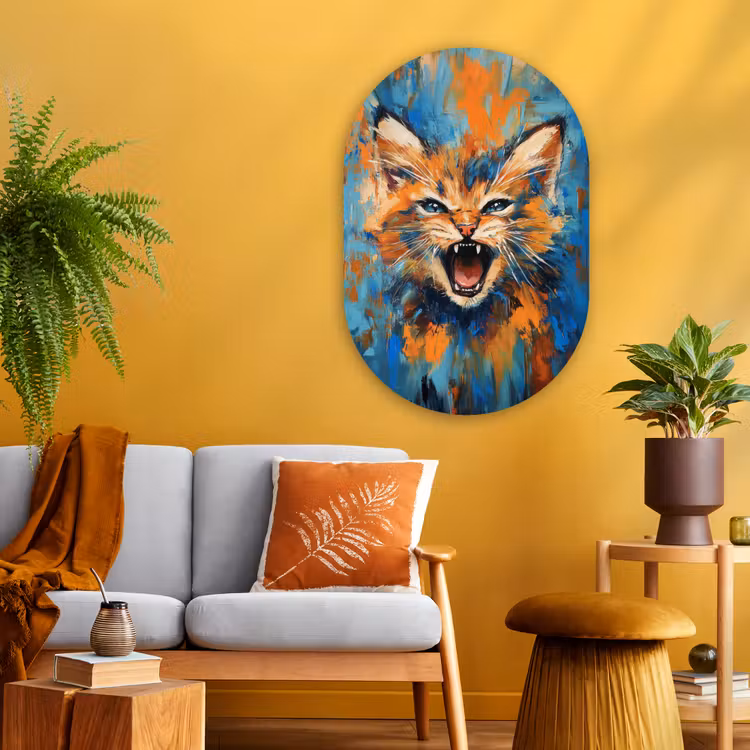 Kat - Kleurrijk - Oranje - Blauw Wandcirkel Ovaal Glas middel -sfeer4