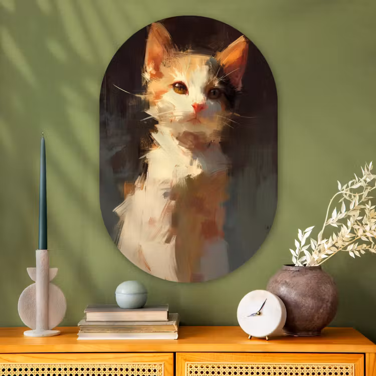 Kat - Geschilderd - Artistiek - Wit Wandcirkel Ovaal Glas middel -sfeer2