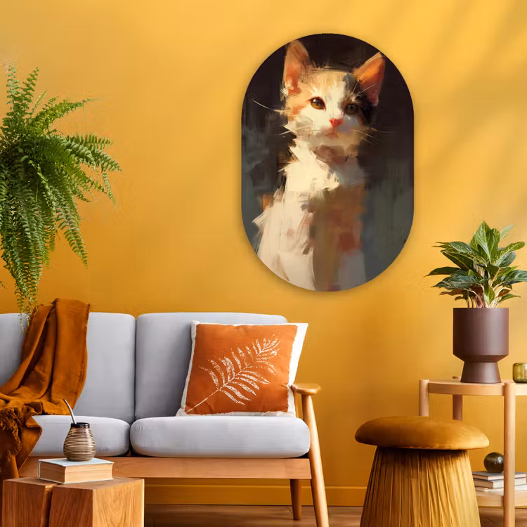 Kat - Geschilderd - Artistiek - Wit Wandcirkel Ovaal Glas middel -sfeer4