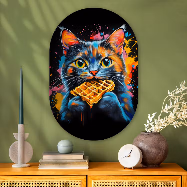 Kat - Graffiti - Kleurrijk - Wafel - Eten Wandcirkel Ovaal Glas middel -sfeer2