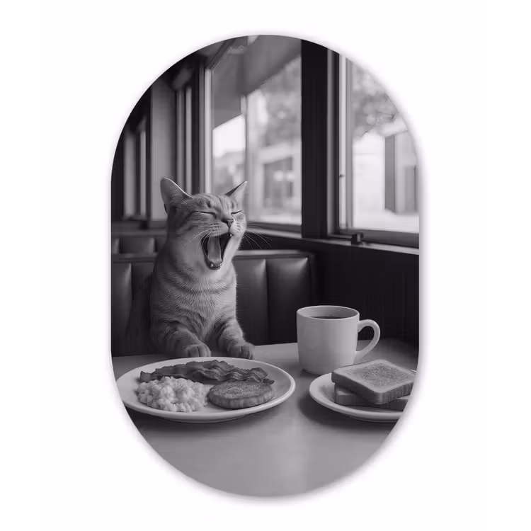 Kat - Koffie - Brood - Zwart Wandcirkel Ovaal Glas middel -3d