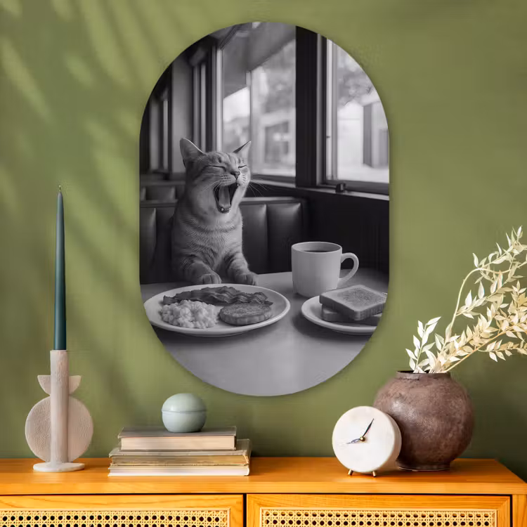 Kat - Koffie - Brood - Zwart Wandcirkel Ovaal Glas middel -sfeer2