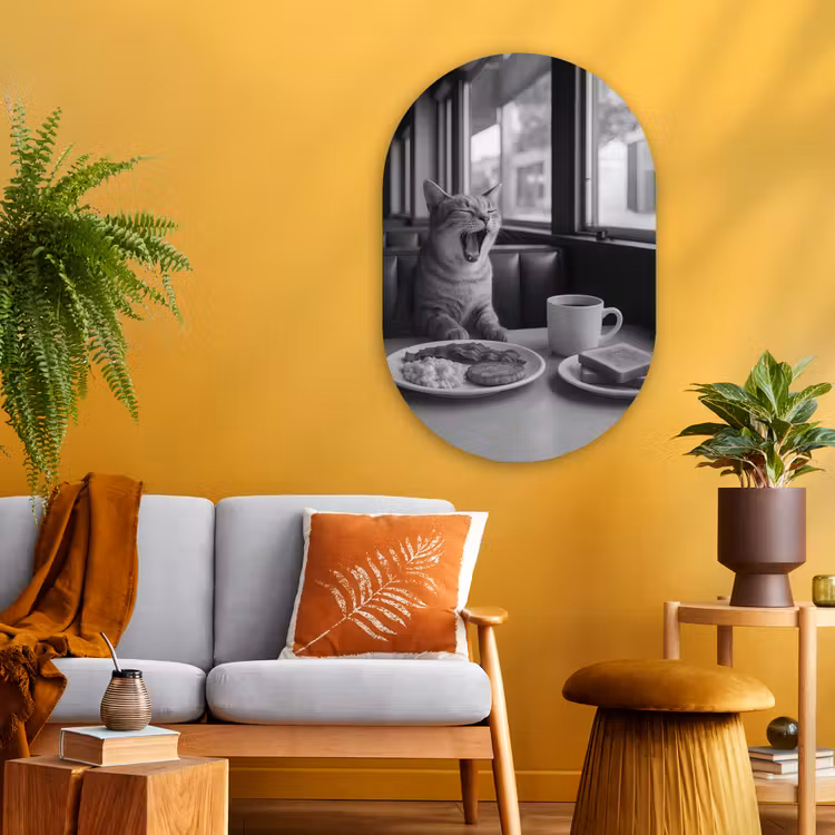 Kat - Koffie - Brood - Zwart Wandcirkel Ovaal Glas middel -sfeer4