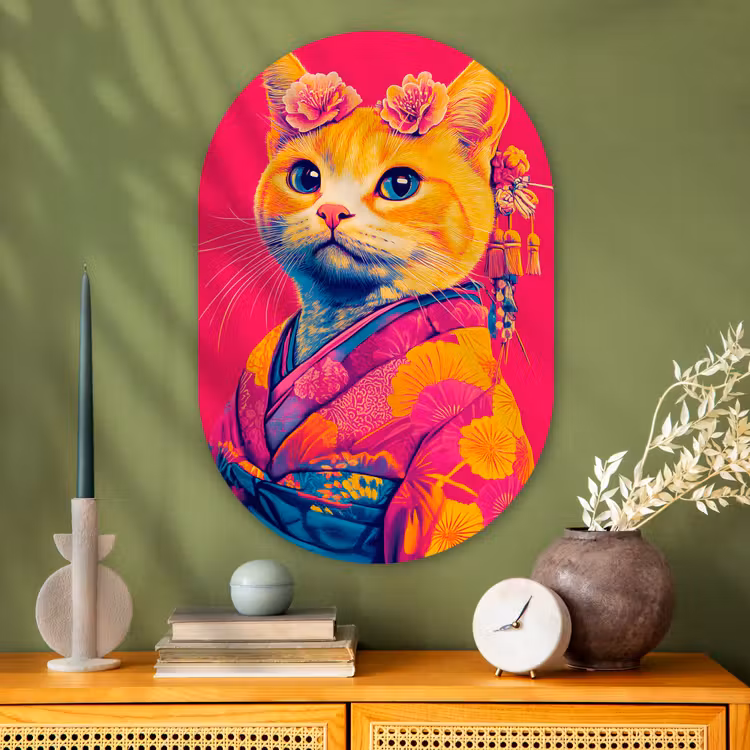 Kat - Kimono - Bloemen - Roze Wandcirkel Ovaal Glas middel -sfeer2