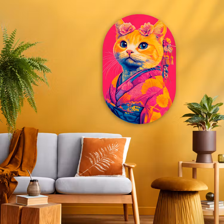 Kat - Kimono - Bloemen - Roze Wandcirkel Ovaal Glas middel -sfeer4