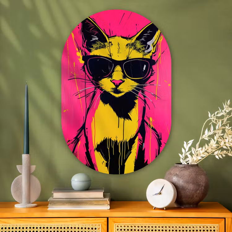 Kat - Art - Zonnebril - Roze Wandcirkel Ovaal Glas middel -sfeer2