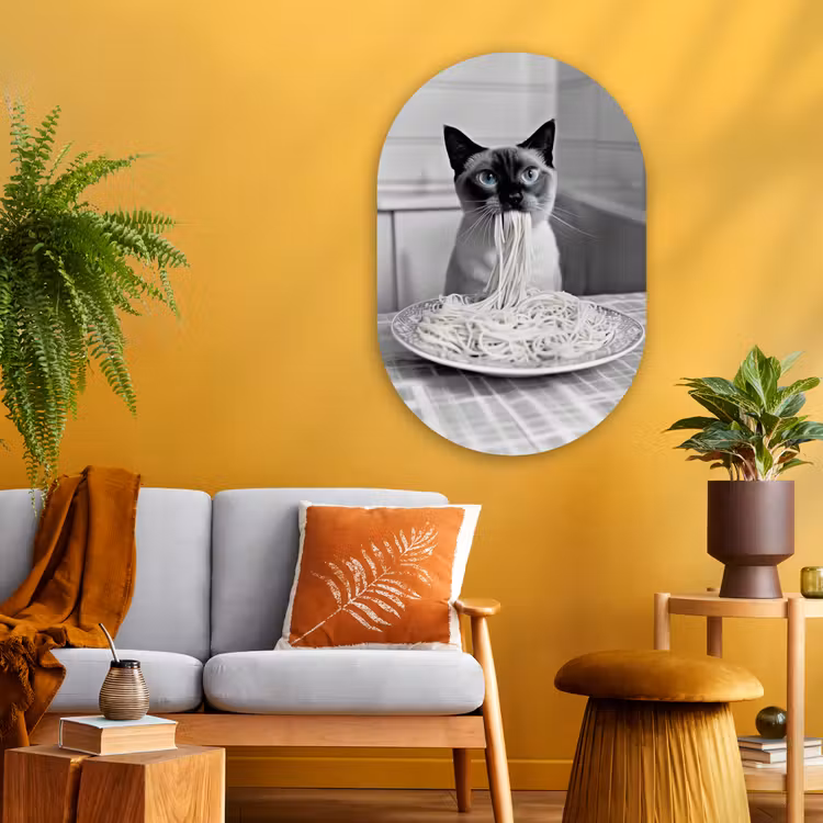 Kat - Siamees - Zwart Wit - Schattig - Dieren Wandcirkel Ovaal Glas middel -sfeer4