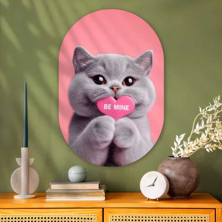 Kat - Valentijn - Roze - Liefde Wandcirkel Ovaal Glas middel -sfeer2