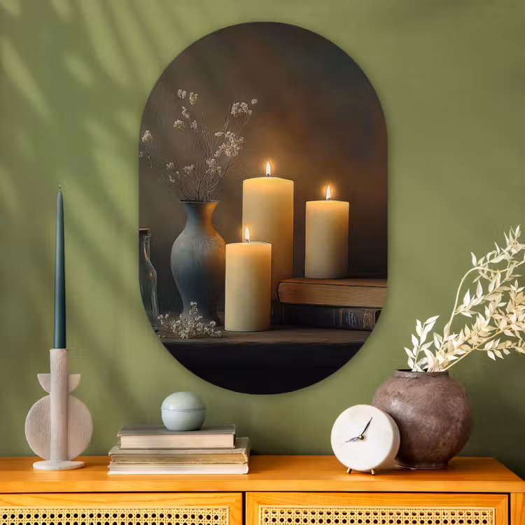 Kaarsen - Stilleven - Rustiek - Boeken Wandcirkel Ovaal Glas middel -sfeer2