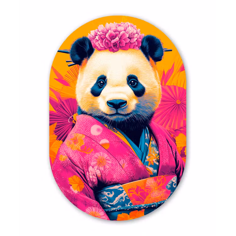 Kimono - Roze - Panda - Bloemenkroon Wandcirkel Ovaal Glas middel -3d