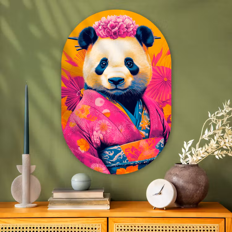 Kimono - Roze - Panda - Bloemenkroon Wandcirkel Ovaal Glas middel -sfeer2