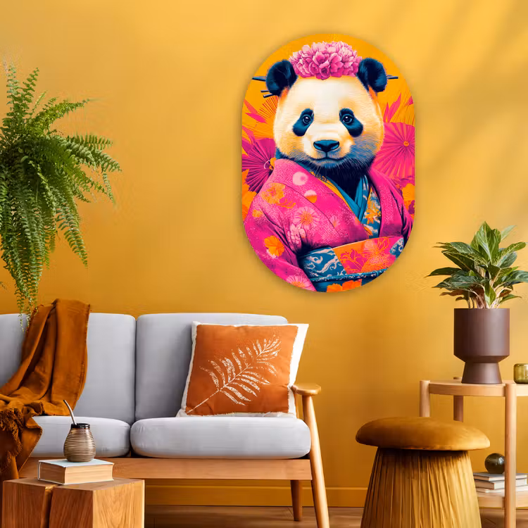 Kimono - Roze - Panda - Bloemenkroon Wandcirkel Ovaal Glas middel -sfeer4