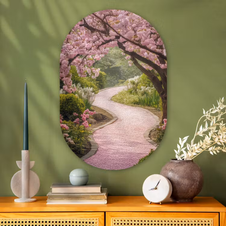 Kersenbloesem - Natuur - Sakura - Pad - Japanse tuin Wandcirkel Ovaal Glas middel -sfeer2