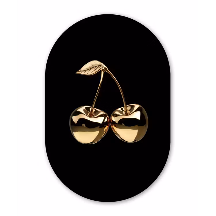 Kersen - Zwart - Goud - Chrome Wandcirkel Ovaal Glas middel -3d