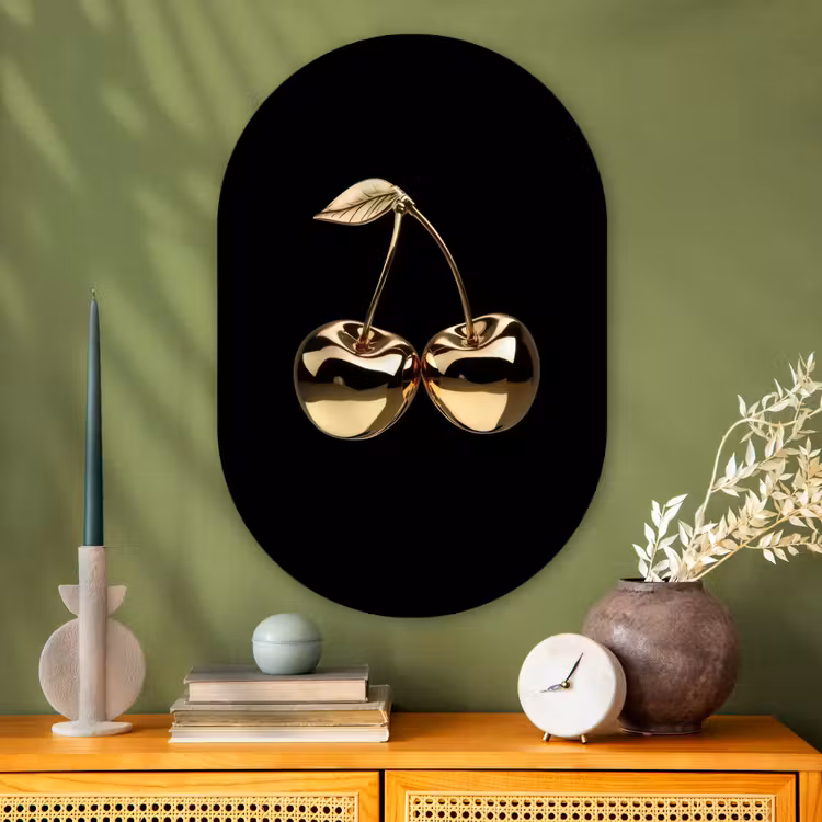 Kersen - Zwart - Goud - Chrome Wandcirkel Ovaal Glas middel -sfeer2