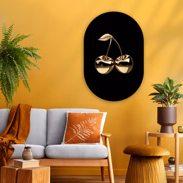 Kersen - Zwart - Goud - Chrome Wandcirkel Ovaal Glas middel -sfeer4