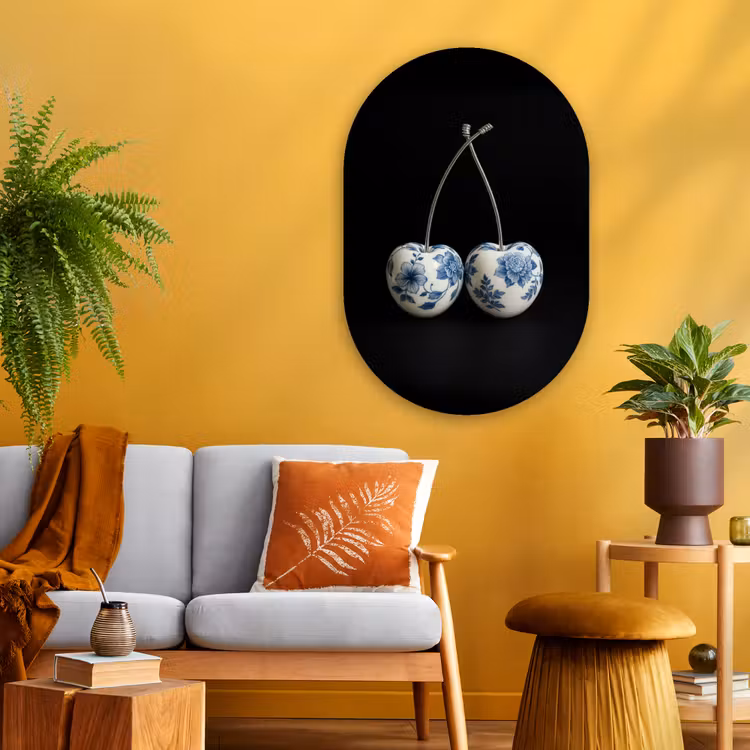 Kersen - Delfts blauw - Fruit Wandcirkel Ovaal Glas middel -sfeer4