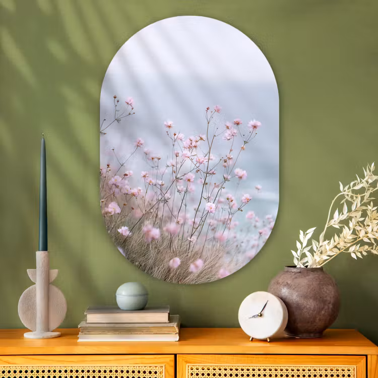 Klif - Bloemen - Zee - Roze Wandcirkel Ovaal Glas middel -sfeer2