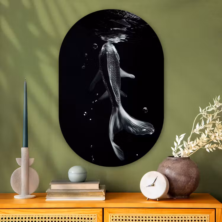 Koi - Vissen - Water - Zwart Wandcirkel Ovaal Glas middel -sfeer2