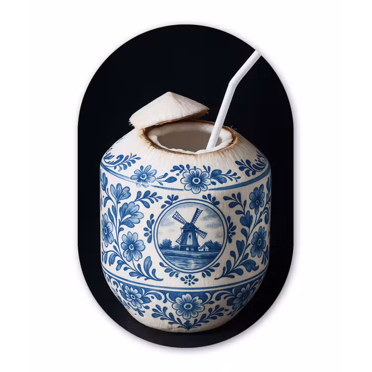 Kokosnoot - Eten - Delfts blauw - Drinken Wandcirkel Ovaal Glas middel -3d