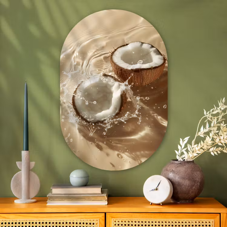 Kokosnoot - Water - Beige - Spetters Wandcirkel Ovaal Glas middel -sfeer2