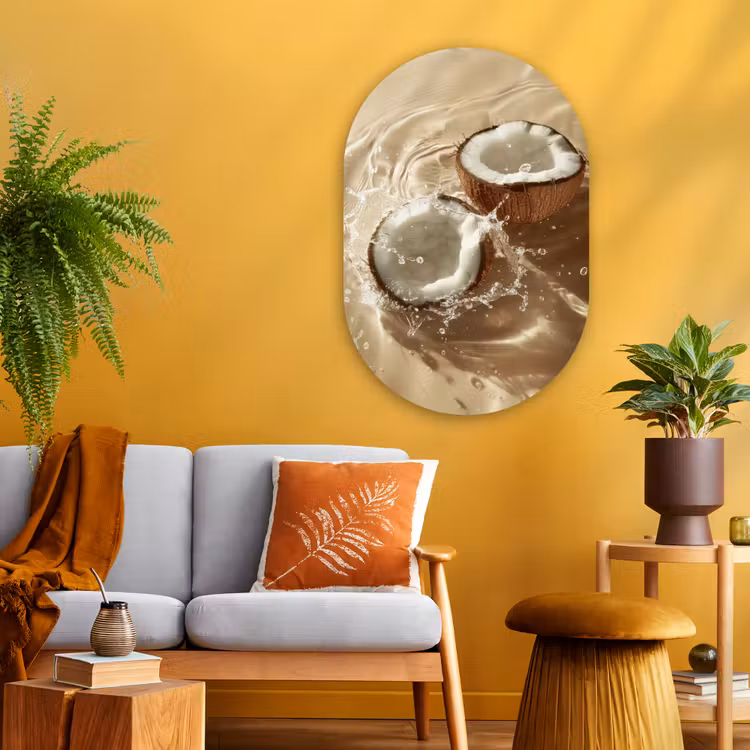 Kokosnoot - Water - Beige - Spetters Wandcirkel Ovaal Glas middel -sfeer4