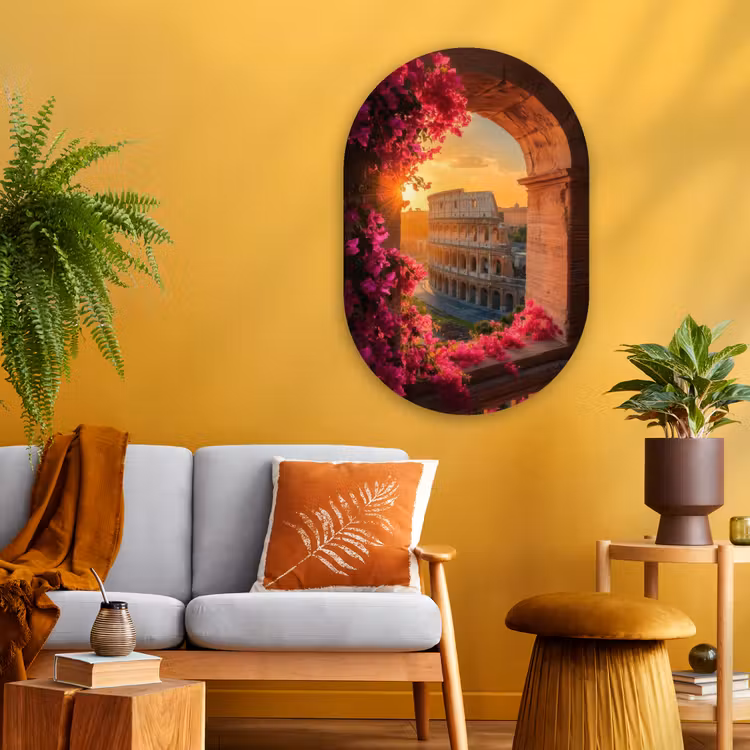 Colosseum - Rome - Roze Bloemen Wandcirkel Ovaal Glas middel -sfeer4