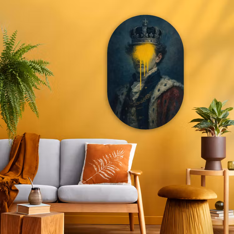 Koning - Portret - Druipende gele verf Wandcirkel Ovaal Glas middel -sfeer4