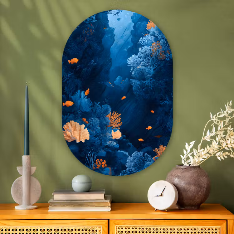 Koraalrif - Vissen - Oceaan - Blauw Wandcirkel Ovaal Glas middel -sfeer2