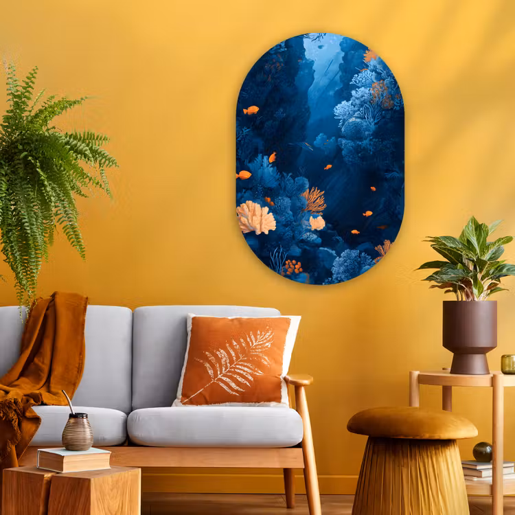 Koraalrif - Vissen - Oceaan - Blauw Wandcirkel Ovaal Glas middel -sfeer4