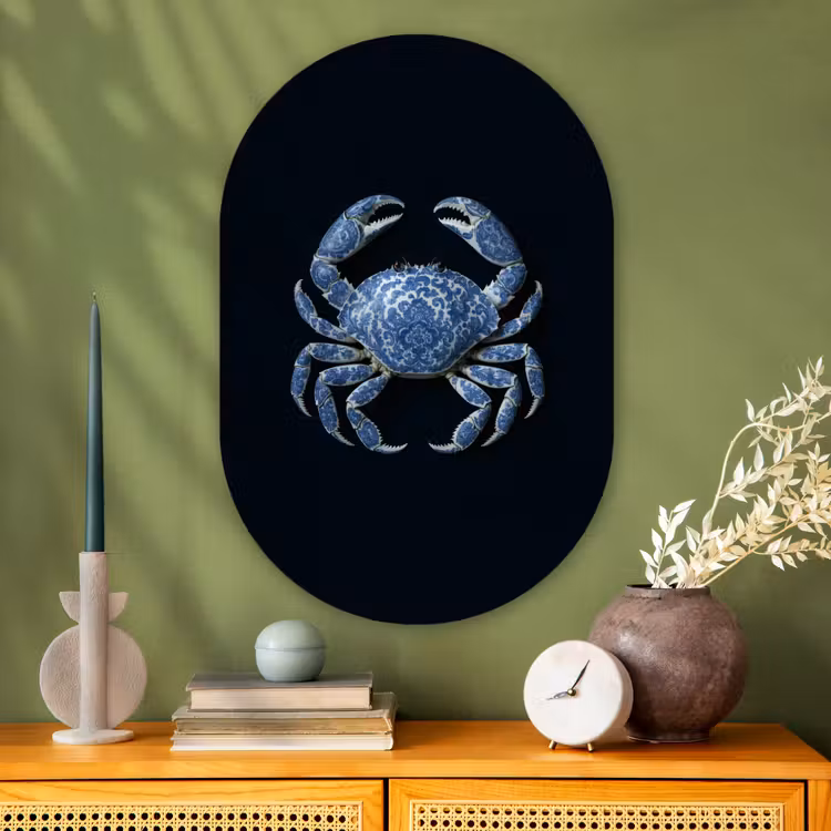 Krab - Delfts blauw - Dieren Wandcirkel Ovaal Glas middel -sfeer2