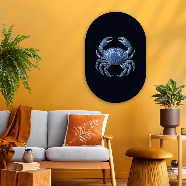 Krab - Delfts blauw - Dieren Wandcirkel Ovaal Glas middel -sfeer4
