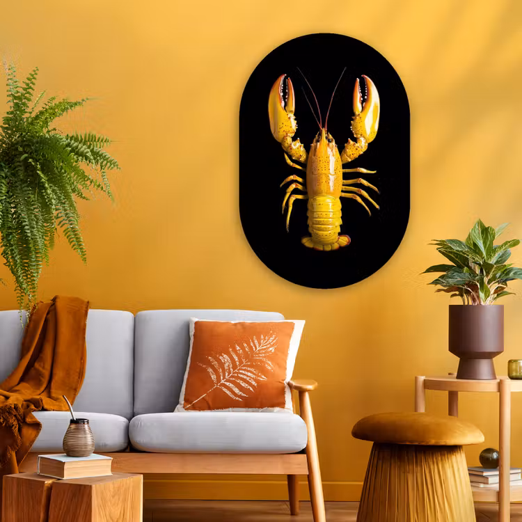 Kreeft - Geel - Stippen - Effen Wandcirkel Ovaal Glas middel -sfeer4