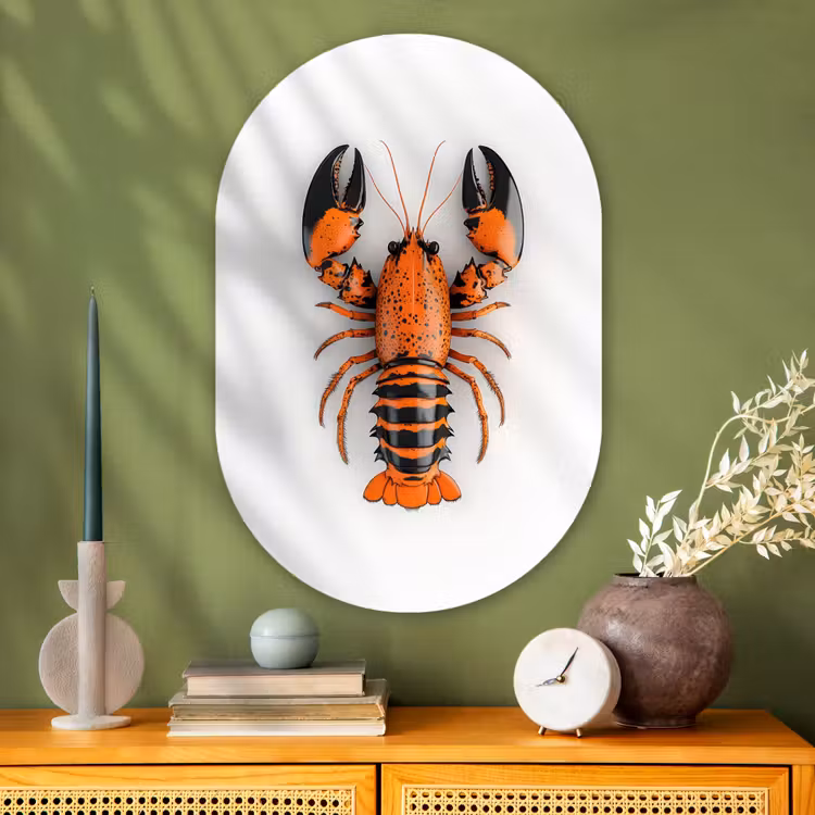Kreeft - Zwart - Oranje - Wit - Uniek Wandcirkel Ovaal Glas middel -sfeer2
