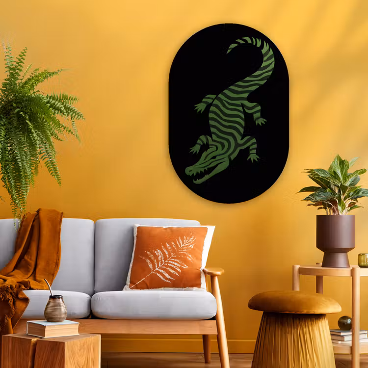 Krokodil - Groen - Tijgerachtig - Strepen Wandcirkel Ovaal Glas middel -sfeer4